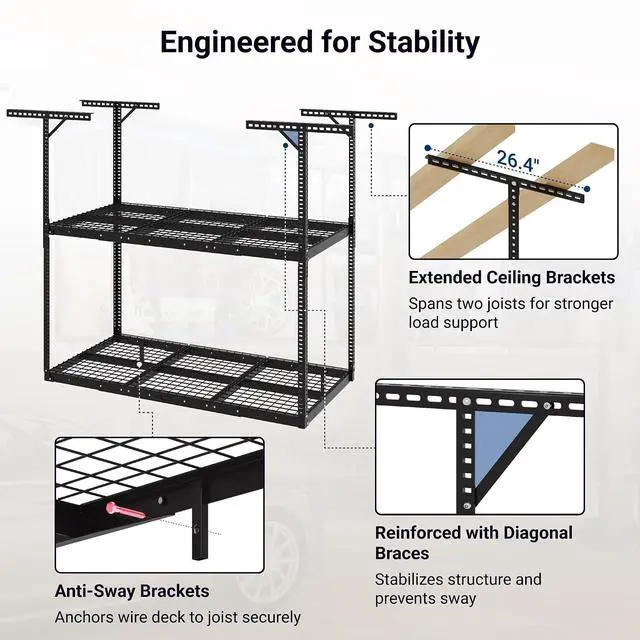 Alt view image 6 of 7 - 3x6ft 2-Tier Garage Ceiling Storage Rack, Adjustable Overhead Garage Storage System, Heavy Duty Metal Shelving, 880lbs Capacity, Ideal for 915ft High Ceilings, Black