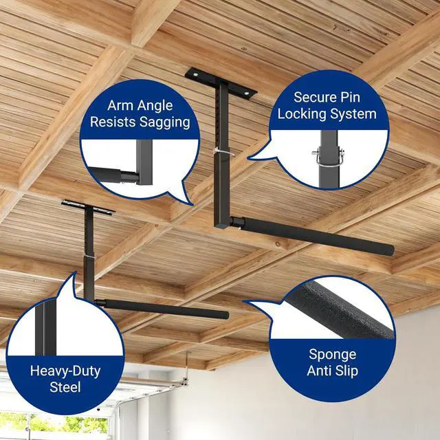 Alt view image 4 of 7 - Adjustable Overhead Ladder Rack, Garage Ceiling Storage Rack, Ladder Storage Organizer, 35" Extended Arms, 90 lbs Per Arm Heavy Duty Steel Rack for Kayak, Surfboard & Tools