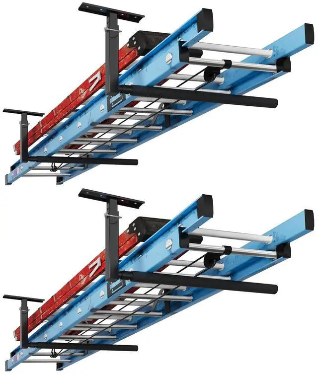 Main image of 2 Pack Adjustable Overhead Ladder Rack, Garage Ceiling Storage Rack, Ladder Storage Organizer, 35" Extended Arms, 90 lbs Per Arm Heavy Duty Steel Rack for Kayak, Surfboard & Tools