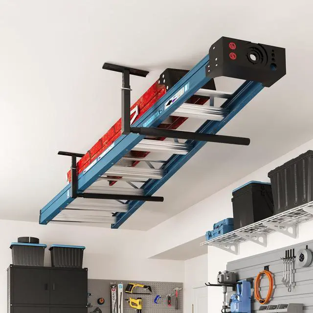 Alt view image 2 of 7 - Adjustable Overhead Ladder Rack, Garage Ceiling Storage Rack, Ladder Storage Organizer, 35" Extended Arms, 90 lbs Per Arm Heavy Duty Steel Rack for Kayak, Surfboard & Tools