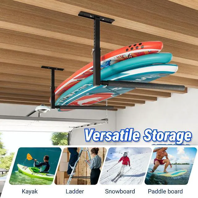 Alt view image 7 of 7 - Adjustable Overhead Ladder Rack, Garage Ceiling Storage Rack, Ladder Storage Organizer, 35" Extended Arms, 90 lbs Per Arm Heavy Duty Steel Rack for Kayak, Surfboard & Tools