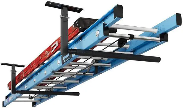 Main image of Adjustable Overhead Ladder Rack, Garage Ceiling Storage Rack, Ladder Storage Organizer, 35" Extended Arms, 90 lbs Per Arm Heavy Duty Steel Rack for Kayak, Surfboard & Tools