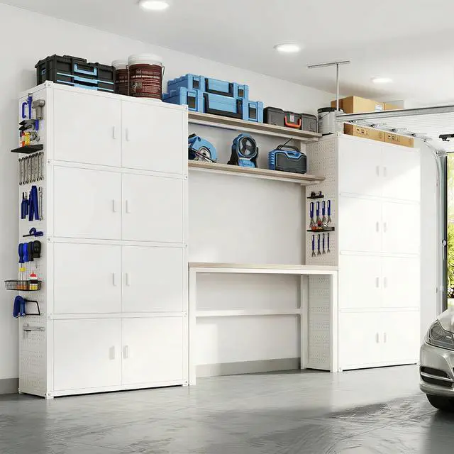 Main image of Modular Garage Storage Cabinet System, All-in-One Garage Cabinet Set with Workbench & Pegboard, Full 8-Door Enclosed Heavy Duty Steel Tool Organization System, White, FLEXIMOD Series