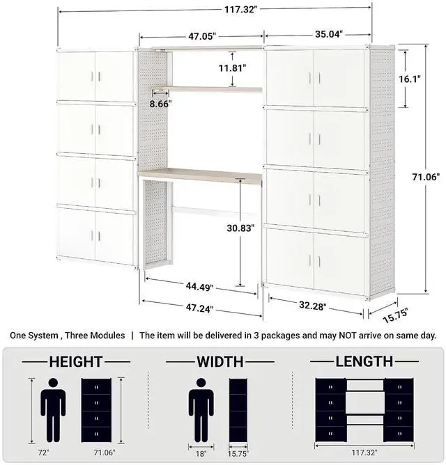 Alt view image 2 of 7 - Modular Garage Storage Cabinet System, All-in-One Garage Cabinet Set with Workbench & Pegboard, Full 8-Door Enclosed Heavy Duty Steel Tool Organization System, White, FLEXIMOD Series