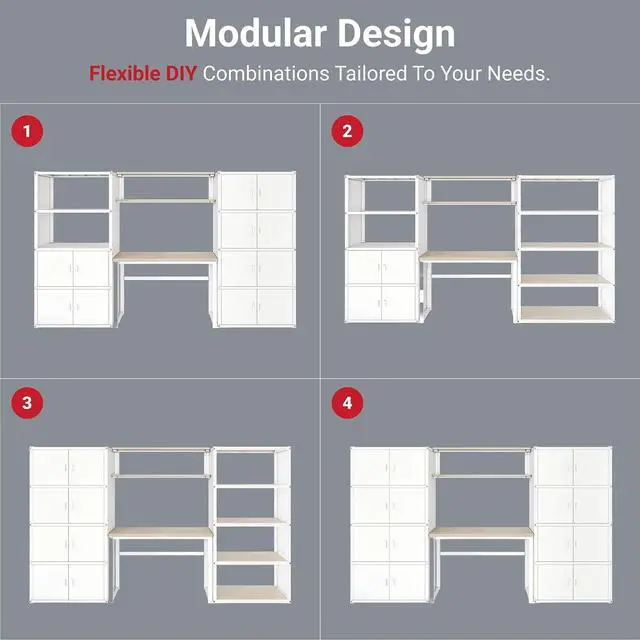 Alt view image 4 of 7 - Modular Garage Storage Cabinet System, All-in-One Garage Cabinet Set with Workbench & Pegboard, Full 8-Door Enclosed Heavy Duty Steel Tool Organization System, White, FLEXIMOD Series
