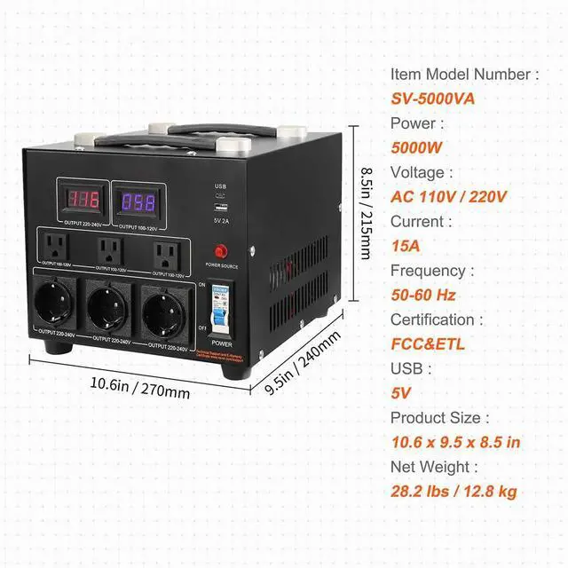 Alt view image 7 of 7 - Voltage Converter Transformer, 5000W, Heavy Duty Step Up/Down Transformer, Convert from 110 Volt to 220 Volt and from 220 Volt to 110 Volt, with US Outlet EU Outlet 5V USB Port, CE Certified