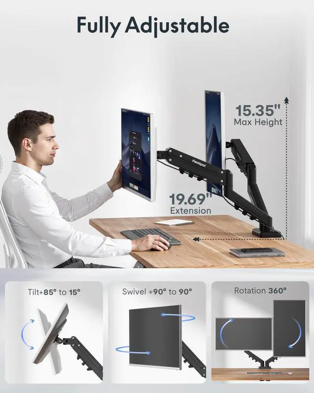 Alt view image 3 of 7 - Dual Monitor Arm, 17-32 Inch Monitor Mount up to 19.84 lbs, Fast Install VESA Mount for Home Office Gaming, Full Adjustable Gas Spring with C-Clamp and Grommet Base, Black