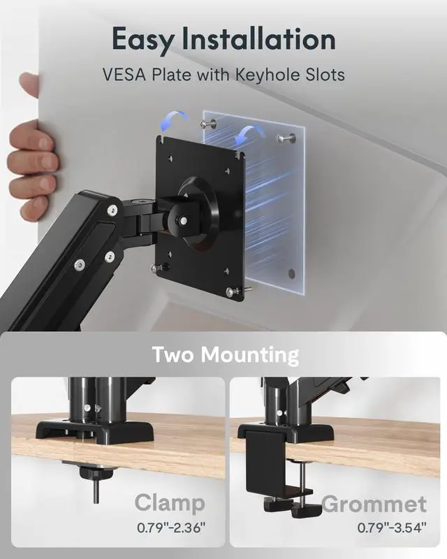Alt view image 4 of 7 - Dual Monitor Arm, 17-32 Inch Monitor Mount up to 19.84 lbs, Fast Install VESA Mount for Home Office Gaming, Full Adjustable Gas Spring with C-Clamp and Grommet Base, Black