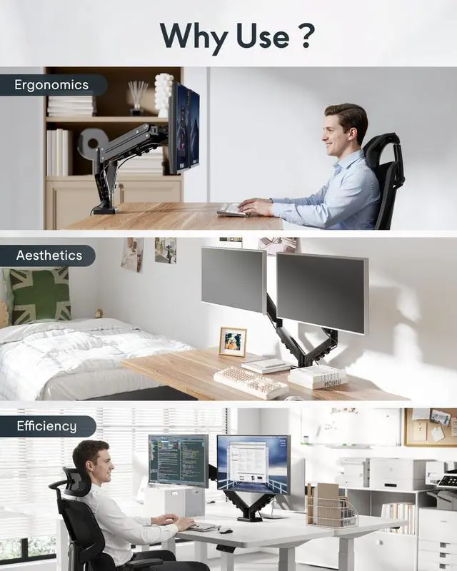 Alt view image 6 of 7 - Dual Monitor Arm, 17-32 Inch Monitor Mount up to 19.84 lbs, Fast Install VESA Mount for Home Office Gaming, Full Adjustable Gas Spring with C-Clamp and Grommet Base, Black