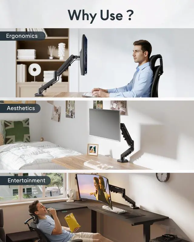 Alt view image 4 of 7 - Single Monitor Arm, 17-32 Inch Monitor Mount up to 19.84 lbs, Fast Install VESA Mount for Home Office Gaming, Full Adjustable Gas Spring with C-Clamp and Grommet Base, Black