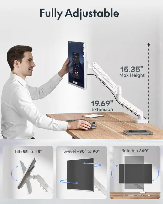 Alt view image 2 of 7 - Single Monitor Arm, 17-32 Inch Monitor Mount up to 19.84 lbs, Fast Install VESA Mount for Home Office Gaming, Full Adjustable Gas Spring with C-Clamp and Grommet Base, White