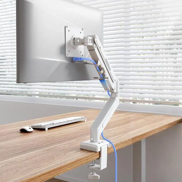 Main image of Single Monitor Arm, 17-32 Inch Monitor Mount up to 19.84 lbs, Fast Install VESA Mount for Home Office Gaming, Full Adjustable Gas Spring with C-Clamp and Grommet Base, White