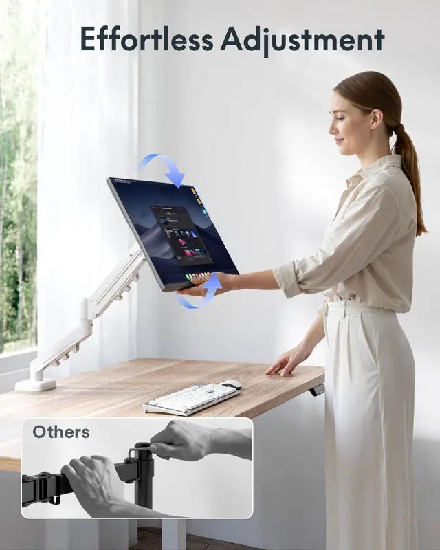 Alt view image 5 of 7 - Single Monitor Arm, 17-32 Inch Monitor Mount up to 19.84 lbs, Fast Install VESA Mount for Home Office Gaming, Full Adjustable Gas Spring with C-Clamp and Grommet Base, White