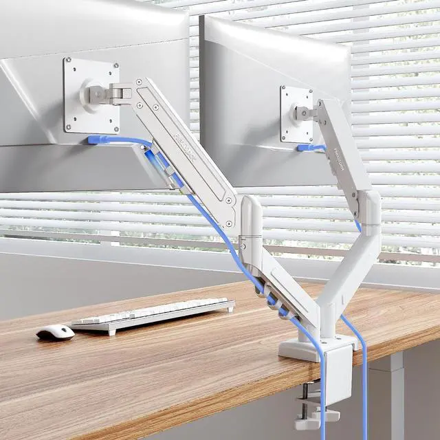 Main image of Dual Monitor Arm, 17-32 Inch Monitor Mount up to 19.84 lbs, Fast Install VESA Mount for Home Office Gaming, Full Adjustable Gas Spring with C-Clamp and Grommet Base, White