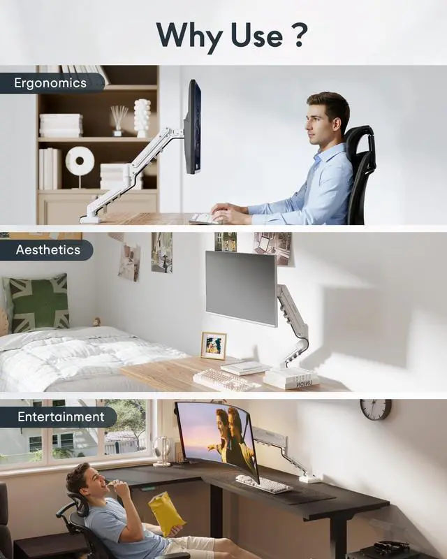 Alt view image 6 of 7 - Single Monitor Arm, 17-32 Inch Monitor Mount up to 19.84 lbs, Fast Install VESA Mount for Home Office Gaming, Full Adjustable Gas Spring with C-Clamp and Grommet Base, White