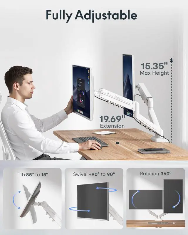 Alt view image 3 of 7 - Dual Monitor Arm, 17-32 Inch Monitor Mount up to 19.84 lbs, Fast Install VESA Mount for Home Office Gaming, Full Adjustable Gas Spring with C-Clamp and Grommet Base, White