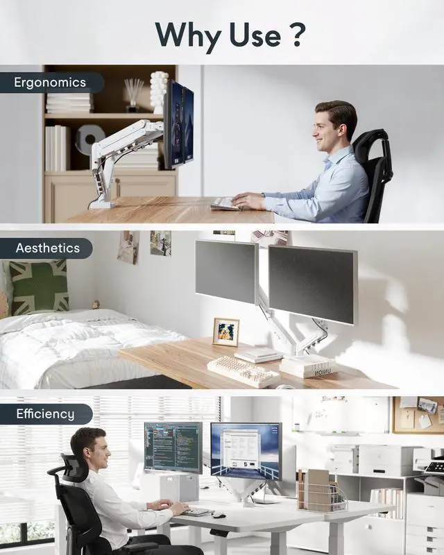 Alt view image 2 of 7 - Dual Monitor Arm, 17-32 Inch Monitor Mount up to 19.84 lbs, Fast Install VESA Mount for Home Office Gaming, Full Adjustable Gas Spring with C-Clamp and Grommet Base, White