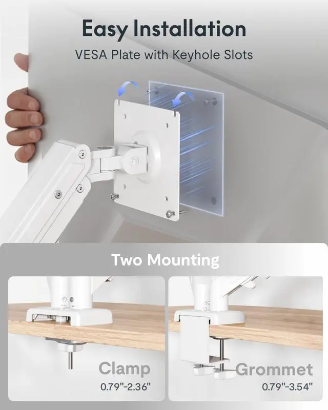 Alt view image 5 of 7 - Dual Monitor Arm, 17-32 Inch Monitor Mount up to 19.84 lbs, Fast Install VESA Mount for Home Office Gaming, Full Adjustable Gas Spring with C-Clamp and Grommet Base, White