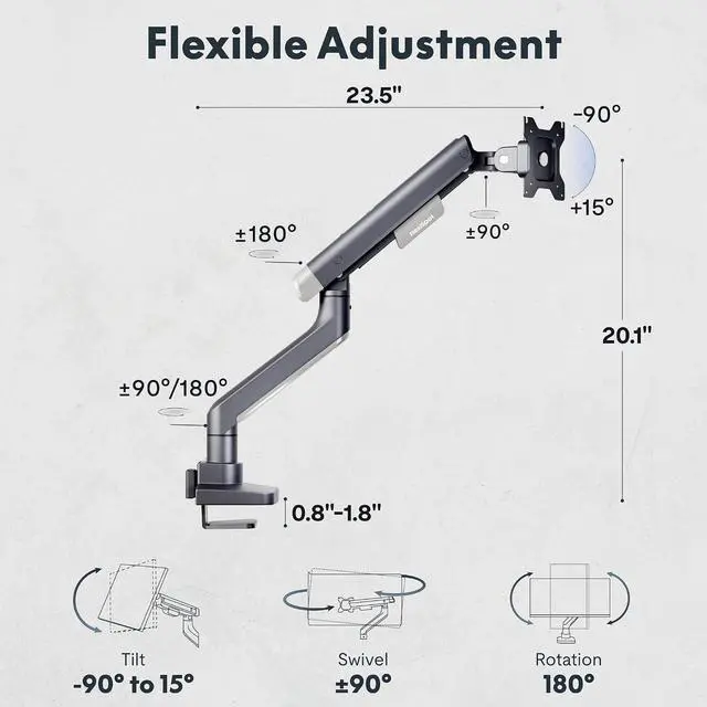 Alt view image 2 of 7 - Single Monitor Arm, Premium Aluminum Monitor Desk Mount Fits Screen up to 39 Inches, Fully Adjustable Monitor Stand with C-Clamp & Grommet Base, Holds 6.61 to 26.46 lbs, Gun Gray