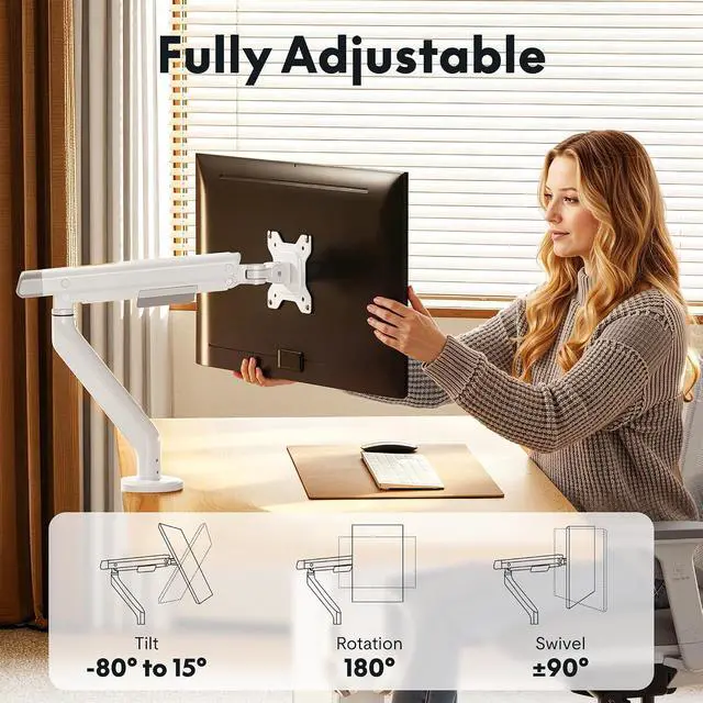 Alt view image 2 of 7 - Single Monitor Arm, Premium Aluminum Monitor Desk Mount Fits Screen up to 35 Inches 19.84 lbs, Fully Adjustable Monitor Stand with C-Clamp & Grommet Base for Home Office, White