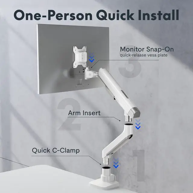 Alt view image 2 of 7 - Single Monitor Arm, Premium Aluminum Monitor Desk Mount Fits Screen up to 39 Inches, Fully Adjustable Monitor Stand with C-Clamp & Grommet Base, Holds 6.61 to 26.46 lbs, White