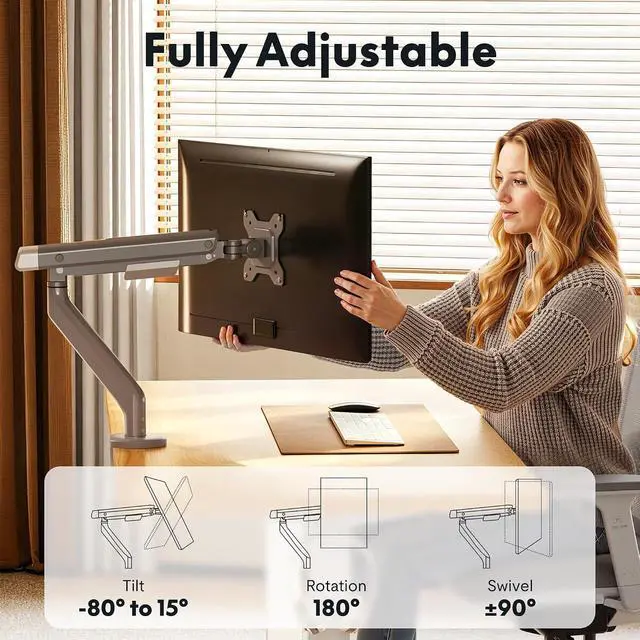 Alt view image 2 of 7 - Single Monitor Arm, Premium Aluminum Monitor Desk Mount Fits Screen up to 35 Inches 19.84 lbs, Fully Adjustable Monitor Stand with C-Clamp & Grommet Base for Home Office, Gun Gray