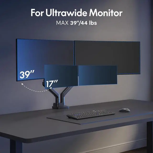 Alt view image 4 of 7 - Monitor Stand, Heavy Duty Dual Monitor Arm for Ultrawide Screen up to 39" and 44 Lbs, Adjustable Gas Spring Arm with C Clamp & Grommet Base for Gaming Office, 75/100 VESA Mount, Black