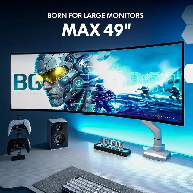 Alt view image 2 of 7 - Ultrawide Monitor Arm, Monitor Stand for 17 to 49 inch Screens Holds up to 44 Lbs, Adjustable Gas Spring Arm with C Clamp & Grommet Base for Gaming Office, 75/100 VESA Mount, White