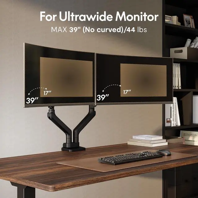 Alt view image 4 of 7 - Monitor Stand, Heavy Duty Dual Monitor Arm for Ultrawide Screen up to 39" and 44 Lbs, Adjustable Gas Spring Arm with C Clamp & Grommet Base for Gaming Office, 75/100 VESA Mount, Wood Grain