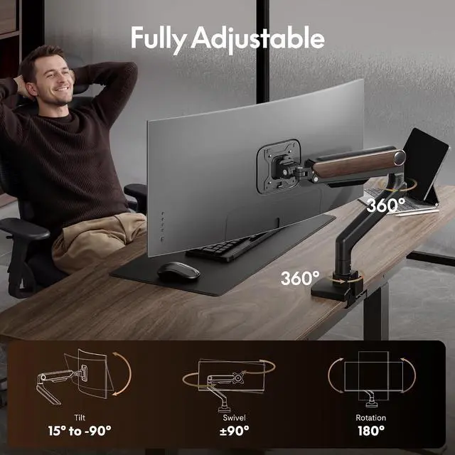 Alt view image 2 of 7 - Ultrawide Monitor Arm, Monitor Stand for 17 to 49 inch Screens Holds up to 44 Lbs, Adjustable Gas Spring Arm with C Clamp & Grommet Base for Gaming Office, 75/100 VESA Mount, Wood Grain