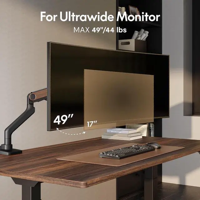 Alt view image 4 of 7 - Ultrawide Monitor Arm, Monitor Stand for 17 to 49 inch Screens Holds up to 44 Lbs, Adjustable Gas Spring Arm with C Clamp & Grommet Base for Gaming Office, 75/100 VESA Mount, Wood Grain