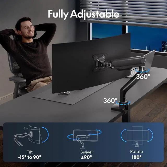 Alt view image 2 of 7 - Ultrawide Monitor Arm, Monitor Stand for 17 to 49 inch Screens Holds up to 44 Lbs, Adjustable Gas Spring Arm with C Clamp & Grommet Base for Gaming Office, 75/100 VESA Mount, Black
