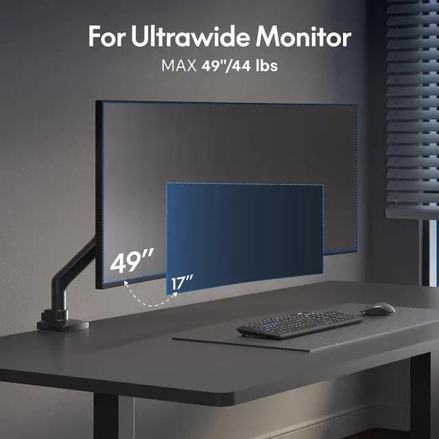 Alt view image 3 of 7 - Ultrawide Monitor Arm, Monitor Stand for 17 to 49 inch Screens Holds up to 44 Lbs, Adjustable Gas Spring Arm with C Clamp & Grommet Base for Gaming Office, 75/100 VESA Mount, Black
