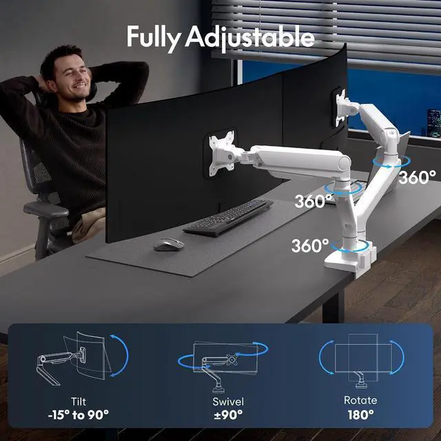 Alt view image 2 of 7 - Monitor Stand, Heavy Duty Dual Monitor Arm for Ultrawide Screen up to 39" and 44 Lbs, Adjustable Gas Spring Arm with C Clamp & Grommet Base for Gaming Office, 75/100 VESA Mount, White