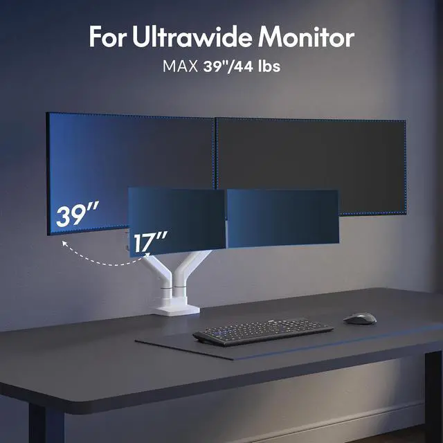 Alt view image 4 of 7 - Monitor Stand, Heavy Duty Dual Monitor Arm for Ultrawide Screen up to 39" and 44 Lbs, Adjustable Gas Spring Arm with C Clamp & Grommet Base for Gaming Office, 75/100 VESA Mount, White