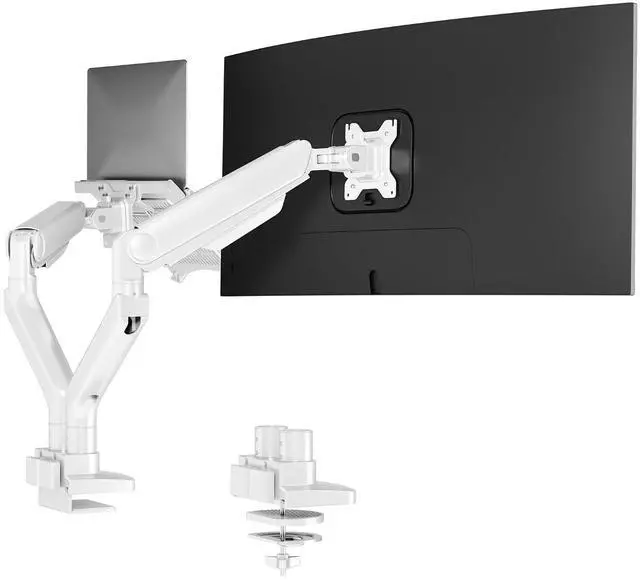 Main image of Laptop Mount, Dual Monitor Arm with Laptop Tray, Fits Up to 49 Inch Monitor and 17.3 Inch Notebook, Full Adjustable Gas Spring Holds up to 44lbs per Arm for Office & Home, White