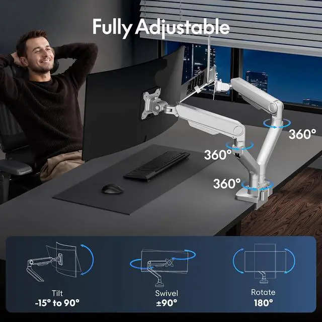 Alt view image 2 of 7 - Laptop Mount, Dual Monitor Arm with Laptop Tray, Fits Up to 49 Inch Monitor and 17.3 Inch Notebook, Full Adjustable Gas Spring Holds up to 44lbs per Arm for Office & Home, White
