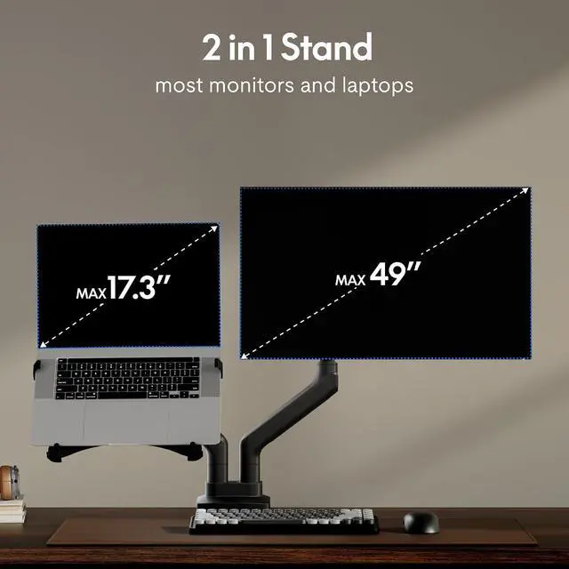 Alt view image 3 of 7 - Laptop Mount, Dual Monitor Arm with Laptop Tray, Fits Up to 49 Inch Monitor and 17.3 Inch Notebook, Full Adjustable Gas Spring Holds up to 44lbs per Arm for Office & Home, Wood Grain