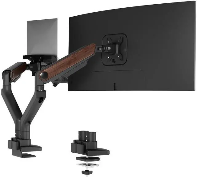 Main image of Laptop Mount, Dual Monitor Arm with Laptop Tray, Fits Up to 49 Inch Monitor and 17.3 Inch Notebook, Full Adjustable Gas Spring Holds up to 44lbs per Arm for Office & Home, Wood Grain