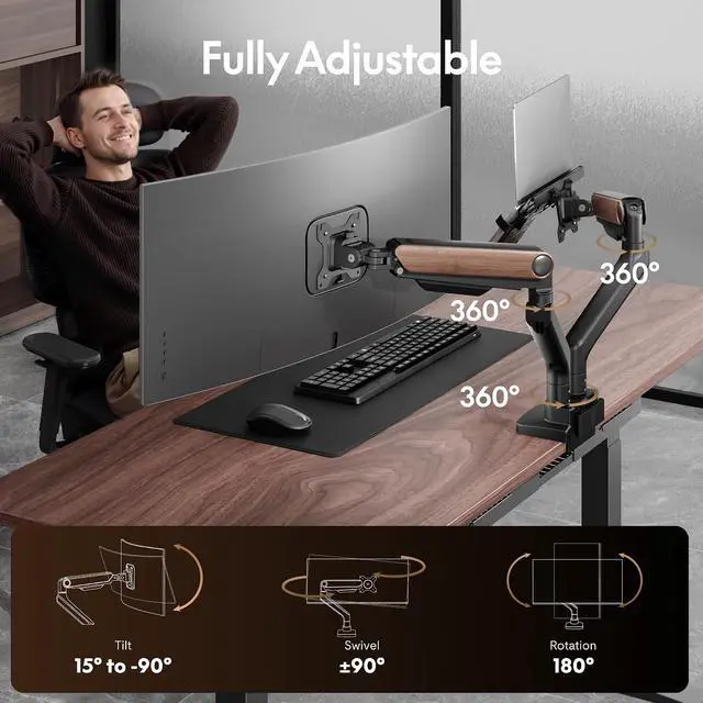 Alt view image 2 of 7 - Laptop Mount, Dual Monitor Arm with Laptop Tray, Fits Up to 49 Inch Monitor and 17.3 Inch Notebook, Full Adjustable Gas Spring Holds up to 44lbs per Arm for Office & Home, Wood Grain