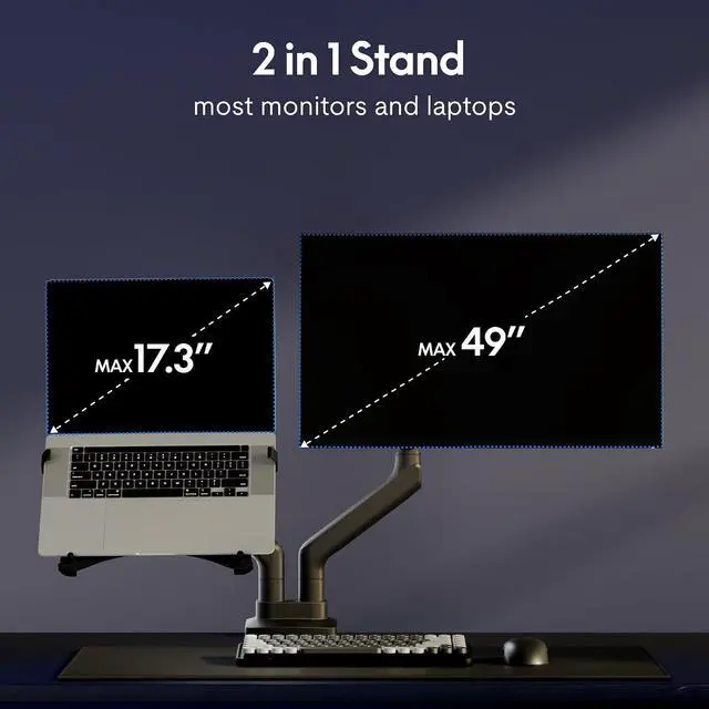 Alt view image 3 of 7 - Laptop Mount, Dual Monitor Arm with Laptop Tray, Fits Up to 49 Inch Monitor and 17.3 Inch Notebook, Full Adjustable Gas Spring Holds up to 44lbs per Arm for Office & Home, Black