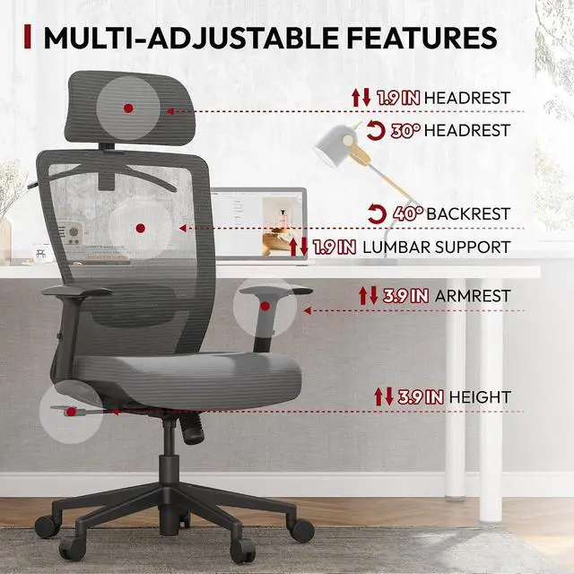 Alt view image 4 of 7 - Home Office Desk Chairs Swivel High Back Computer Chair Mesh Ergonomic Office Chair with Adjustbale Lumbar Support Backrest Armrest Grey