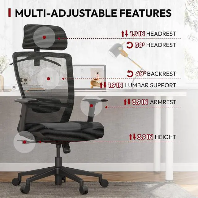Alt view image 5 of 7 - Mesh Big and Tall Computer Chair Home Office Standing Desk Chairs Swivel Ergonomic High Back Office Chair with Adjustbale Lumbar Support Backrest Armrest Black
