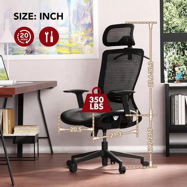 Alt view image 2 of 7 - Big and Tall Executive Office Chair Height Adjustable Mesh Computer Chair with Adjustable Headrest Armrest and Lumbar Support,360°Swivel Gaming Chair for Home Office Using Black