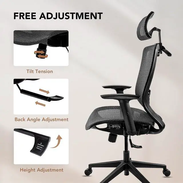 Alt view image 4 of 7 - Big and Tall Executive Office Chair Height Adjustable Mesh Computer Chair with Adjustable Headrest Armrest and Lumbar Support,360°Swivel Gaming Chair for Home Office Using Black