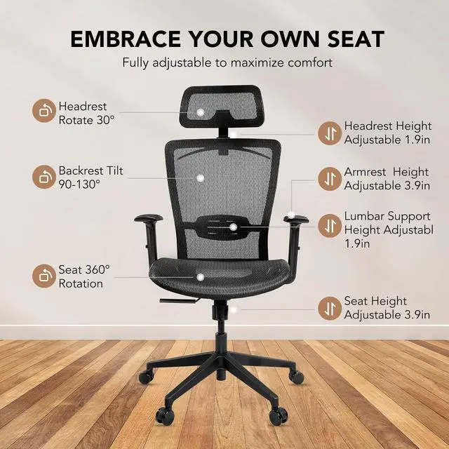 Alt view image 6 of 7 - Big and Tall Executive Office Chair Height Adjustable Mesh Computer Chair with Adjustable Headrest Armrest and Lumbar Support,360°Swivel Gaming Chair for Home Office Using Black