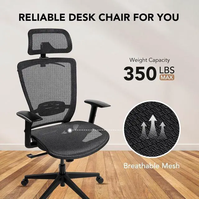 Alt view image 7 of 7 - Big and Tall Executive Office Chair Height Adjustable Mesh Computer Chair with Adjustable Headrest Armrest and Lumbar Support,360°Swivel Gaming Chair for Home Office Using Black