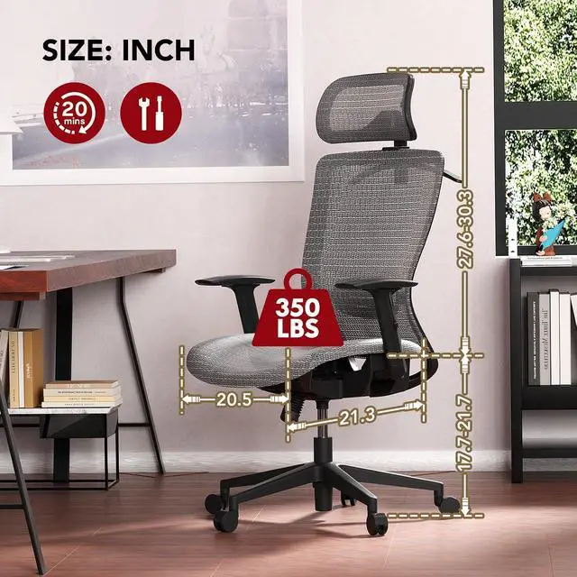 Alt view image 2 of 7 - Big and Tall Executive Office Chair Height Adjustable Mesh Computer Chair with Adjustable Headrest Armrest and Lumbar Support,360°Swivel Gaming Chair for Home Office Using Grey