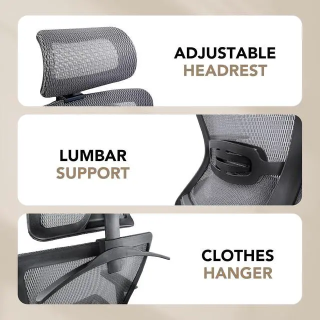 Alt view image 3 of 7 - Big and Tall Executive Office Chair Height Adjustable Mesh Computer Chair with Adjustable Headrest Armrest and Lumbar Support,360°Swivel Gaming Chair for Home Office Using Grey