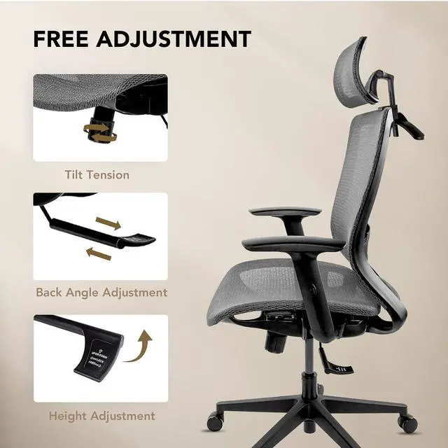 Alt view image 4 of 7 - Big and Tall Executive Office Chair Height Adjustable Mesh Computer Chair with Adjustable Headrest Armrest and Lumbar Support,360°Swivel Gaming Chair for Home Office Using Grey